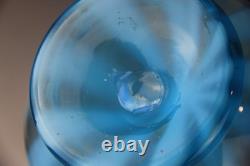 Victorian Blue Opalescent Candy Stripe Rib Hand Enameled Glass Vase