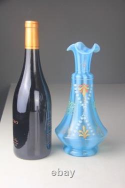 Victorian Blue Opalescent Candy Stripe Rib Hand Enameled Glass Vase