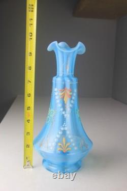 Victorian Blue Opalescent Candy Stripe Rib Hand Enameled Glass Vase
