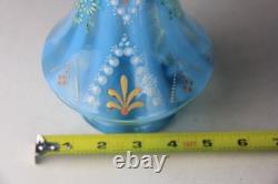 Victorian Blue Opalescent Candy Stripe Rib Hand Enameled Glass Vase