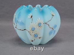 Victorian Bohemian Hand Enameled White Floral Blue Satin Glass Rose Bowl
