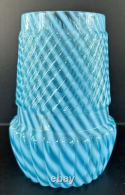 Victorian Buckeye Art Glass Blue Opalescent Vase 6 1/2 Chrysanthemum Swirl
