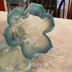Victorian Epergne Art Blue Opalescent Glass Rigaree 4 Horn 21 Trumpet Vase
