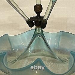 Victorian Epergne Art Blue Opalescent Glass Rigaree 4 Horn 21 Trumpet Vase