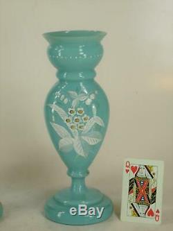 Victorian Mantel 3-pc. Set Bristol Glass Blue Opalescent Vases Floral Enamel