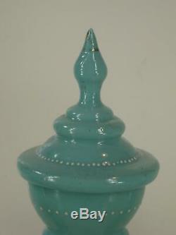 Victorian Mantel 3-pc. Set Bristol Glass Blue Opalescent Vases Floral Enamel