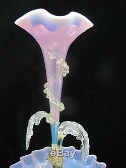 Victorian Pink Blue & Yellow Glass EPERGNE Flower Vase Fruit Bowl CENTERPIECE