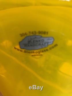 Vintage 12 3/8 Blenko Clam Fan Vase Blue Yellow Signed Richard 2000 Glass Vase