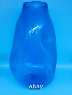 Vintage 16 Blenko Glass Blown Vase Marine Ocean Blue Glass MCM Dimpled Pinched