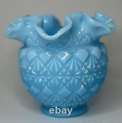 Vintage 1950's Fenton Ruffled Blue Milk Glass Diamond Rose Bowl Vase