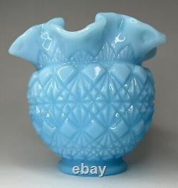Vintage 1950's Fenton Ruffled Blue Milk Glass Diamond Rose Bowl Vase