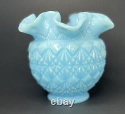 Vintage 1950's Fenton Ruffled Blue Milk Glass Diamond Rose Bowl Vase Rare piece