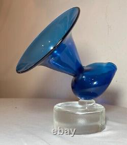 Vintage 1969 unique hand blown Gest art studio blue glass sculpture vase trumpet