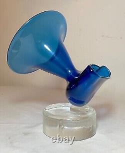 Vintage 1969 unique hand blown Gest art studio blue glass sculpture vase trumpet