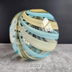 Vintage 7 Hand Blown Round Glass Vase Teal and Buttermilk Swirl