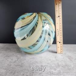 Vintage 7 Hand Blown Round Glass Vase Teal and Buttermilk Swirl