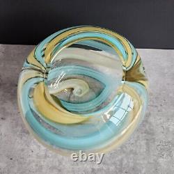 Vintage 7 Hand Blown Round Glass Vase Teal and Buttermilk Swirl