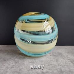 Vintage 7 Hand Blown Round Glass Vase Teal and Buttermilk Swirl