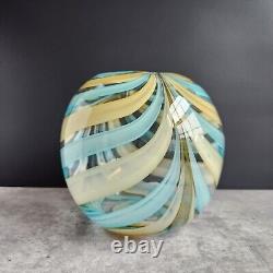 Vintage 7 Hand Blown Round Glass Vase Teal and Buttermilk Swirl