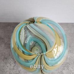 Vintage 7 Hand Blown Round Glass Vase Teal and Buttermilk Swirl