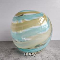 Vintage 7 Hand Blown Round Glass Vase Teal and Buttermilk Swirl