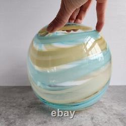 Vintage 7 Hand Blown Round Glass Vase Teal and Buttermilk Swirl