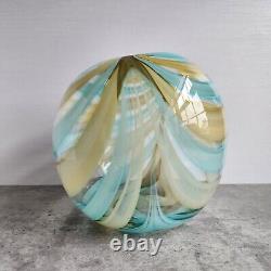 Vintage 7 Hand Blown Round Glass Vase Teal and Buttermilk Swirl