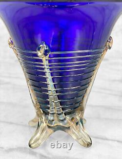 Vintage Abstract Blue Spiral Art Glass Footed Vase by John Cook