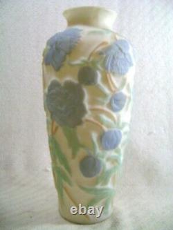 Vintage Antique Consolidated Phoenix Glass Blue Green Floral Flower Cameo Vase