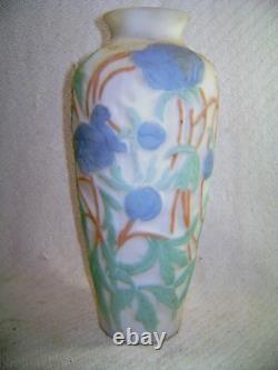 Vintage Antique Consolidated Phoenix Glass Blue Green Floral Flower Cameo Vase