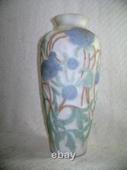 Vintage Antique Consolidated Phoenix Glass Blue Green Floral Flower Cameo Vase