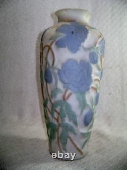 Vintage Antique Consolidated Phoenix Glass Blue Green Floral Flower Cameo Vase