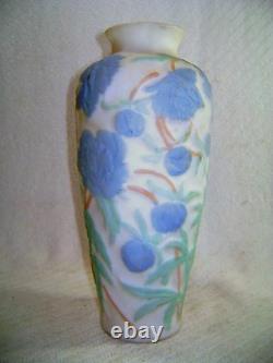 Vintage Antique Consolidated Phoenix Glass Blue Green Floral Flower Cameo Vase