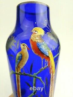 Vintage Art Deco Cobalt Blue Glass & Silver with Enameled Birds Czechoslovakia