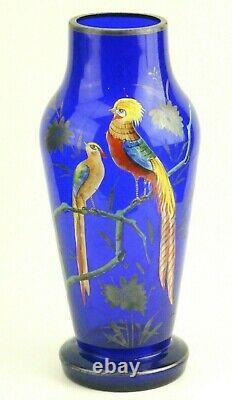 Vintage Art Deco Cobalt Blue Glass & Silver with Enameled Birds Czechoslovakia