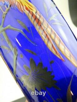 Vintage Art Deco Cobalt Blue Glass & Silver with Enameled Birds Czechoslovakia