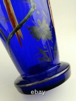 Vintage Art Deco Cobalt Blue Glass & Silver with Enameled Birds Czechoslovakia