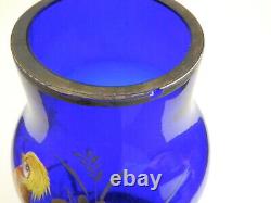 Vintage Art Deco Cobalt Blue Glass & Silver with Enameled Birds Czechoslovakia