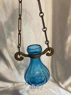 Vintage Art Glass Hyacinth Bulb Vase With Brass Hanger Ivy Vase Teal Blue Glass