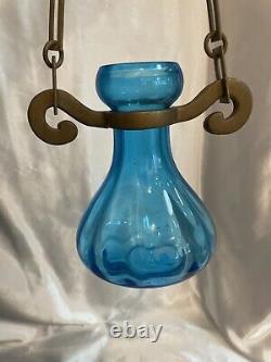 Vintage Art Glass Hyacinth Bulb Vase With Brass Hanger Ivy Vase Teal Blue Glass
