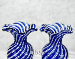 Vintage Arte Vetraria Murano Italian Blue Spiral Blown Art Glass Vases A Pair
