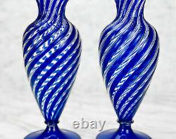 Vintage Arte Vetraria Murano Italian Blue Spiral Blown Art Glass Vases A Pair