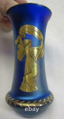 Vintage BOHEMIAN ART GLASS BLUE FAVRENE VASE with GOLD DANCING LADY 5 1/2