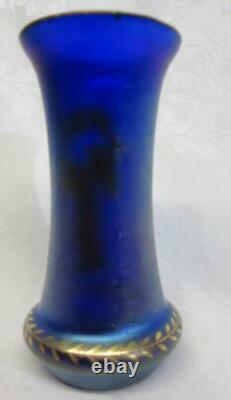 Vintage BOHEMIAN ART GLASS BLUE FAVRENE VASE with GOLD DANCING LADY 5 1/2
