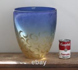 Vintage Barbini Murano Blue & Amber Crescent Moon Italian Art Glass Vase