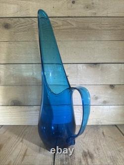 Vintage Beautiful MCM Viking Glass 16 Blue Swung Vase Pitcher Minty Condition