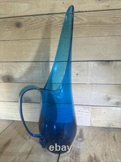 Vintage Beautiful MCM Viking Glass 16 Blue Swung Vase Pitcher Minty Condition