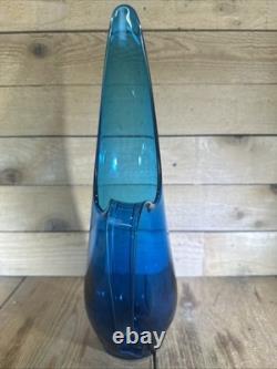 Vintage Beautiful MCM Viking Glass 16 Blue Swung Vase Pitcher Minty Condition
