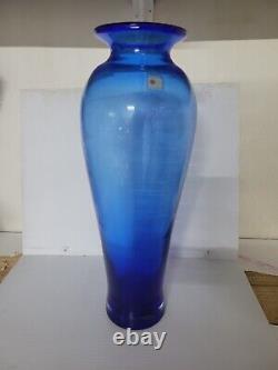 Vintage Blenko Blue Azure Handblown Glass Tapered Vase 15.5 tall 8310M 2001