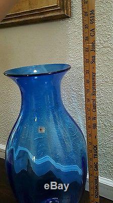 Vintage Blenko Blue Glass Big Vase 21' Hand Blown Floor vase